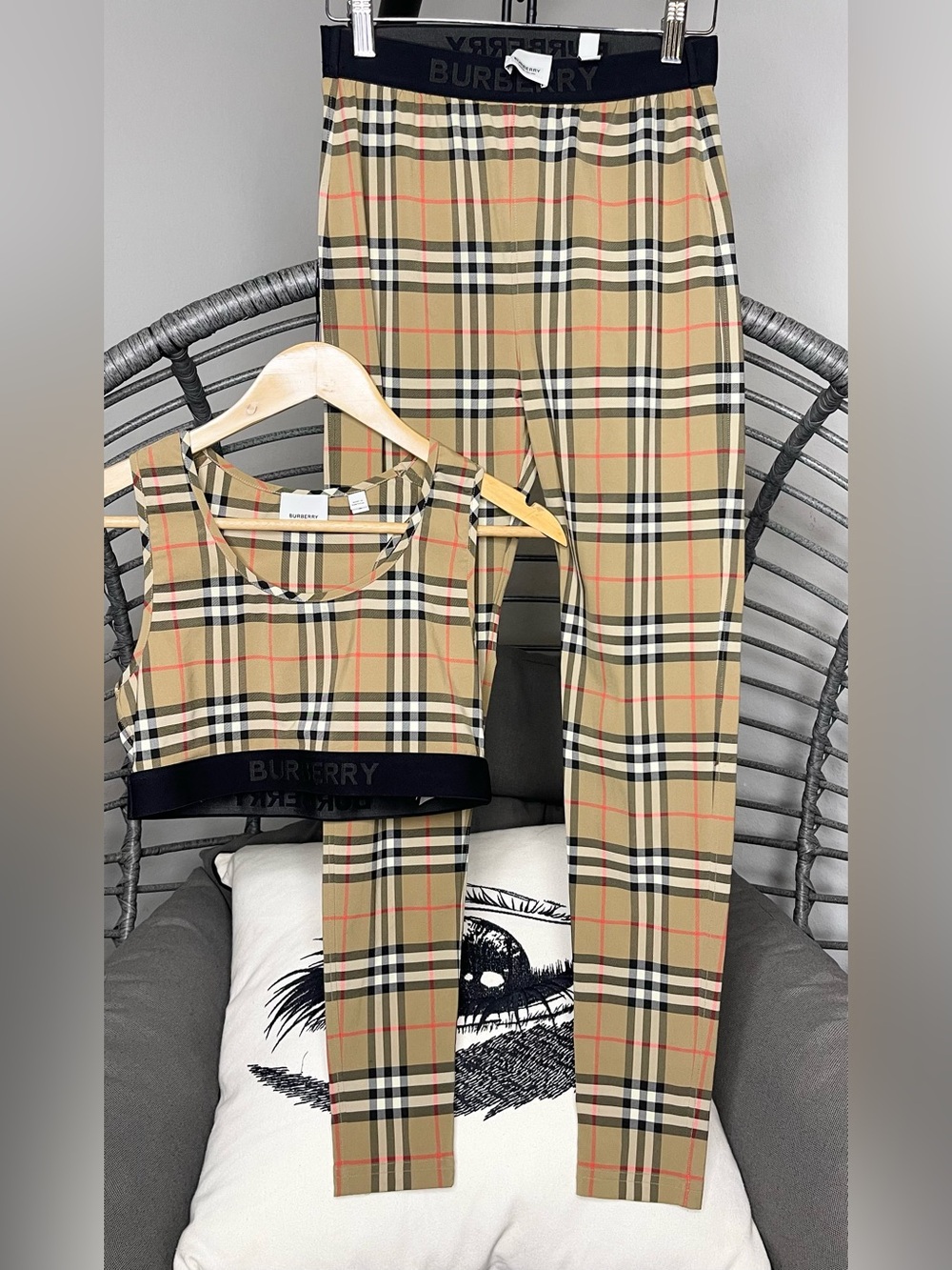 Burberry Set. Beige Check Crop Tank with pants with banded waist.